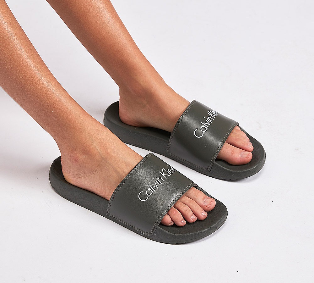 Calvin Klein Womens Linear Slide | Khaki